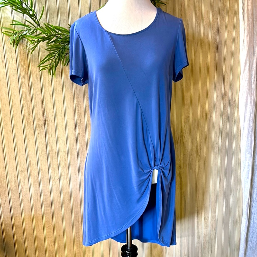 Chico’s Periwinkle Blue Tunic Top, Draped & Knotted Front, High-Low Hem, EUC, O